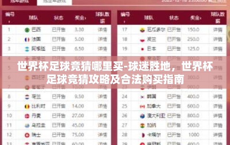 世界杯足球竞猜哪里买-球迷胜地，世界杯足球竞猜攻略及合法购买指南